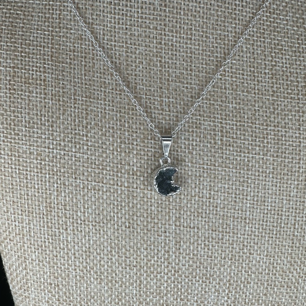 Black/Dark Purple Druzy Amethyst Crescent Moon Pendant on Chain - Picture 11 of 13